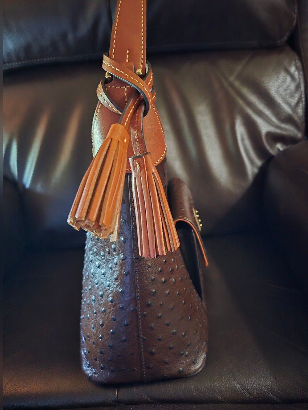 Dooney and Bourke Brown Ostrich Shoulder Bag with Tassel Accent - Picture 6 of 6